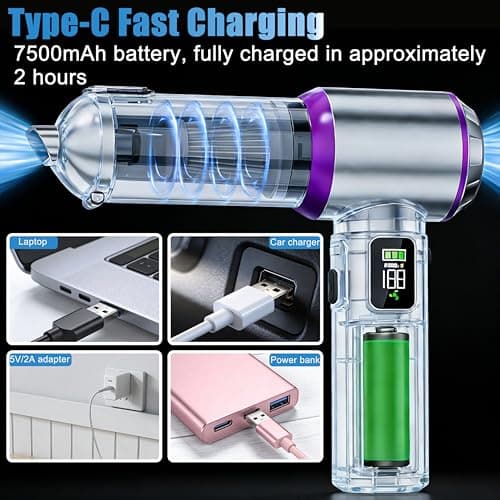 Handheld Car Vacuum Cordless with Air Duster, 30-Min Runtime 20000Pa Suction, Portable Rechargeable Small Handheld Vacuum for Car Detailing Interior Cleaning Pet Hair,Silver&Purple — view 5