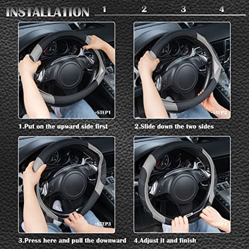 CAR PASS Line Rider Microfiber Leather Sporty Steering Wheel Cover Universal Fits for 95% Truck,SUV,Cars,14.5-15inch Anti-Slip Safety Comfortable Desgin (Black-Gray) — view 4