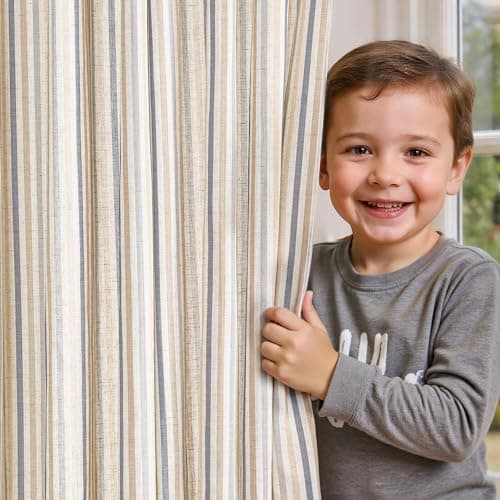 jinchan Colorful Linen Curtains for Living Room Multi Blue on Beige Striped Curtains for Bedroom Ticking Stripe Farmhouse Light Filtering Pinstripe Window Treatment 2 Panels 84 inches Long