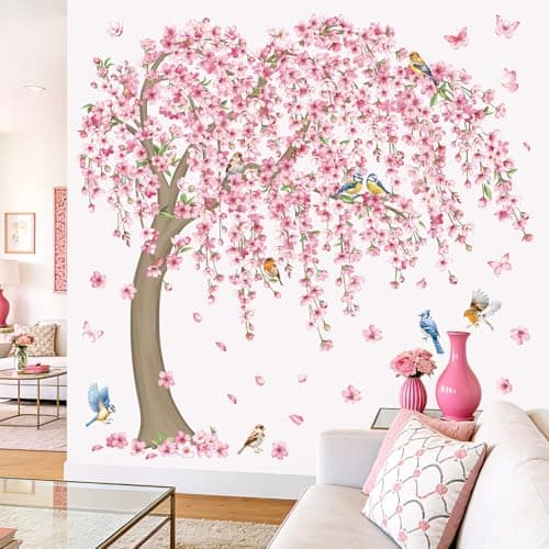 decalmile Large Cherry Blossom Tree Wall Stickers Pink Flower Branch Birds Wall Decals Girls Bedroom Living Room Sofa TV Background Home Decor — view 2