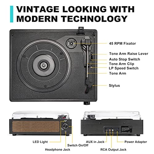Vinyl Record Player with Speaker Vintage Turntable for Vinyl Records, Belt-Driven Turntable Support 3-Speed, Wireless Playback, Headphone, AUX-in, RCA Line LP Vinyl Players for Sound Enjoyment Black — view 6