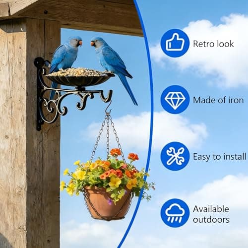 Heavy Duty Cast Iron Bird Feeder with Hanging Bracket – Wall Mounted Bath Vintage & Lovely Birds Decorative Hook for Garden, Patio Outdoor Planter Holder Lantern Garden Wind Chime Hanger Decor — view 2