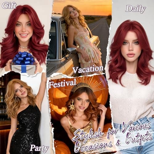 BARSDAR Short Wavy Natural Red Wig - Shoulder Length Wavy Ginger Wigs for Women - Short Body Wave Auburn Layered Wig with Face-Framing Curtain Bangs Soft Synthetic Natural Looking Daily Party — view 5