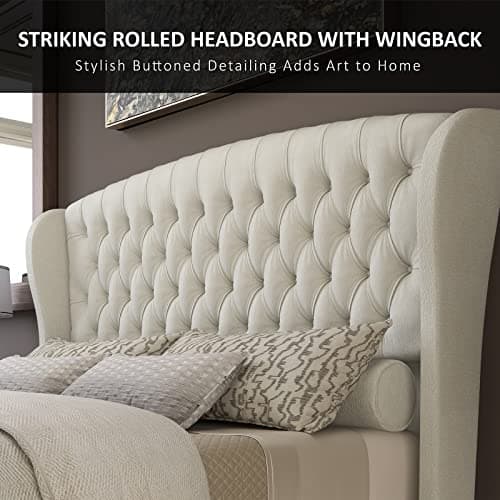 AMERLIFE King Size Platform Bed Frame, Chenille Upholstered Sleigh Bed with Scroll Wingback Headboard & Footboard/Button Tufted/No Box Spring Required/Cream — view 5