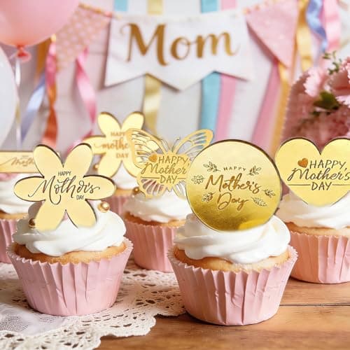 SKTMH 9Pcs Happy Mother's Day Cupcake Toppers, Mirror Acrylic Cupcake Toppers for Mother's Day Birthday Day Cake Decorations, Butterfly/Flower/Heart Shape Designed Cake Decorations — view 3