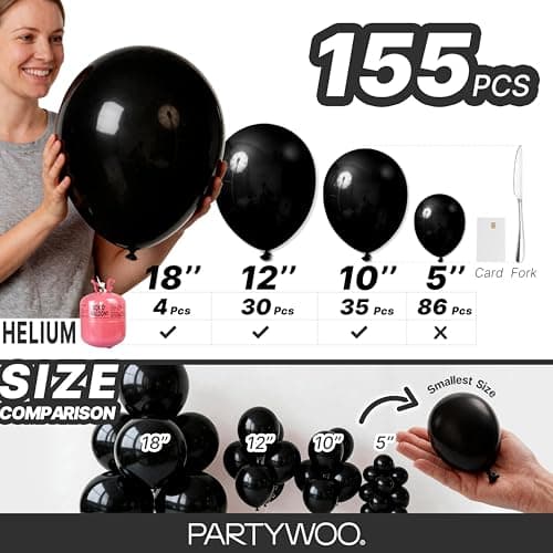 PartyWoo Black Balloons 155 pcs Different Sizes of 18 12 10 5 Inch Black Balloons Arch Kit Garland for Baby Shower Birthday Graduation Casino Gaming Anniversary Race Car Party Decorations Black-Y18 — view 5