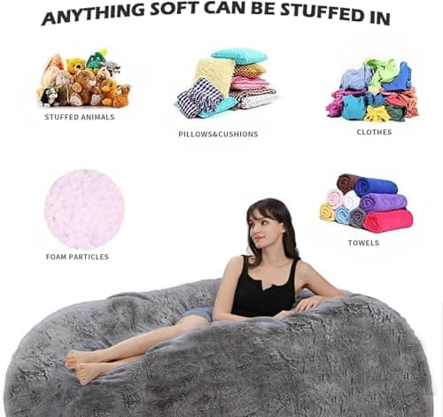 Bean Bag Chair Oversized Adult Plush Bean Bag Chair Cover Fluffy Faux Fur Washable DIY Soft Storage Seat for Reading, Gaming, Lounging, No fillers, Snow Black,5FT — view 4