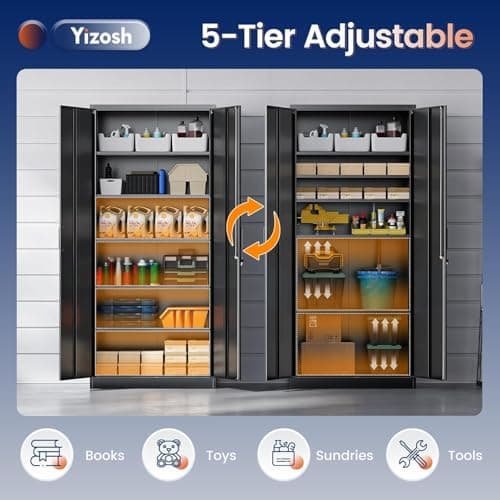 Yizosh Metal Garage Storage Cabinet with 2 Doors and 5 Adjustable Shelves - 71" Steel Lockable File Cabinet, Tool Cabinets for Office,Home,Garage,Gym,School (Black) — view 3