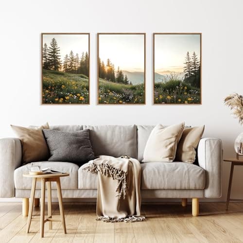 HPNIUB Mountain Canvas Wall Art Set, Framed Forest Nature Wall Decor, 3 Piece Landscape Paintings Artwork, 16x24 Inches Wildflower Pictures for Living Room, Bedroom, Office — view 2