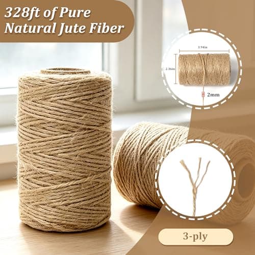 2mm Jute Twine & Rope 328ft, Natural Burlap String for Crafts, Gift Wrapping, DIY Macrame, Floristry, Wedding Cards, Long Jute Cord for Gardening, Tomato & Climbing Plants (Brown)