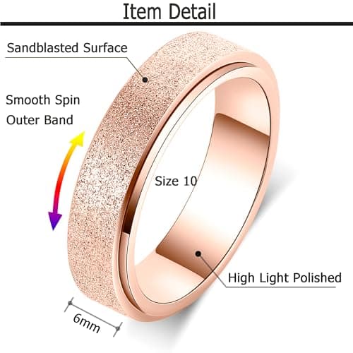 Fidget Ring Women Anxiety Spinner: Fidget Toys Adults Thumb Ring Stainless Steel Spinning Ring Rainbow Gold Black Silver Color (Rose Gold-6mm, 8)