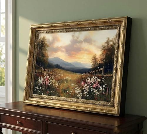 Vintage Gold Framed Wall Art, Retro Wildflower Canvas Print, Rustic Farmhouse Sunset Painting for Living Room, Bedroom, Office, 9x11 Inch — view 3