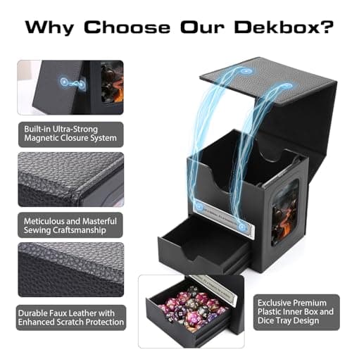 MAKHISTORY Patented MTG Commander DekBox, 100+ Double Sleeved Card Storage Box with Dice Tray, 35pt Card Holder & 2 Dividers - Magnetic Deck Case for TCG/CCG/Magic/Sports Cards, Black