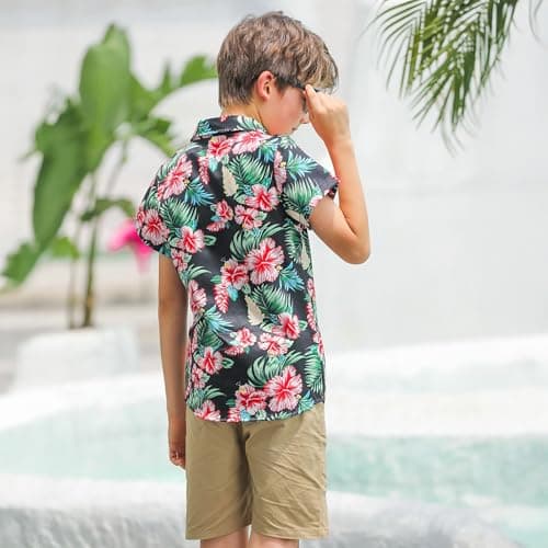 Kinberr Big Boys Button Down Shirt Summer Floral Printing Short Sleeve Tops Red Tropical Luau Shirt for Holiday — view 4