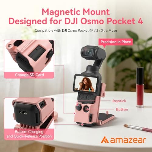 AMAZEAR Magnetic Mount Stand Compatible with DJI Osmo Pocket 4P/4/3/Xtra Muse, Pocket4 Accessories Adapter Clamp Magnet Suction Case Holder on Desktop/Vertical Surface, 180° Adjust Handle, Lightpink