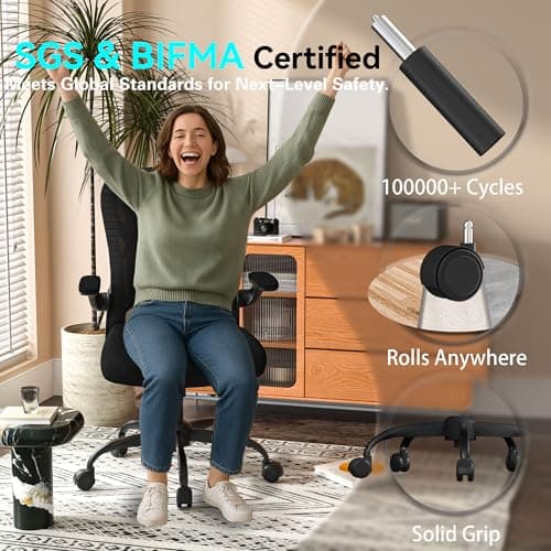 Ergonomic Office Desk Chair with 3.5" Thick Cushion, Adjustable Lumbar Support, Flip-Up Arms, Breathable Mesh Back Chair –Computer Task Chair for Home Office (Black-Black-C Fiber, Solid Back) — view 5