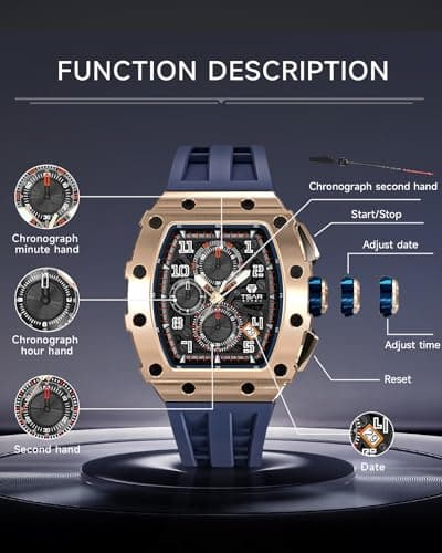 TSAR BOMBA Men's Luxury Quartz Watch, Luminous Dial 5ATM Water Resistance Silicone Strap Men's Wristwatch Ideal Gift for MenBlue Gold — view 4