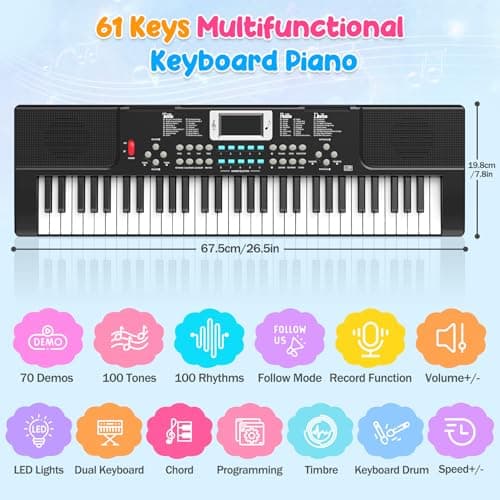 61 Keys Kid Piano Keyboard with Light-up Keys Teaching Mode Dual Speaker