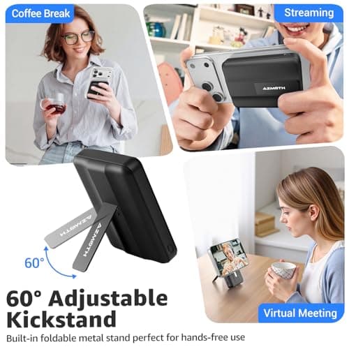Azmuth Magnetic Wireless Power Bank 10000mAh, Compatible with MagSafe 15W Portable Fast Charger for iPhone 17/16/15/14/13/12 Series Built-in Stand LED Display 20W PD USB-C Black — view 4