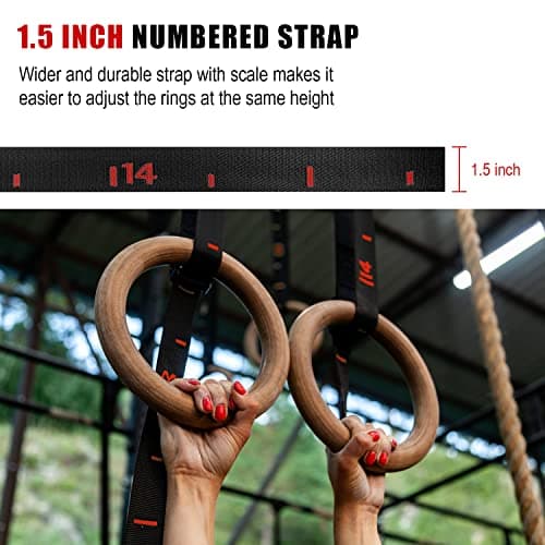 1.1 inch Gymnastic Rings with Number Strap,5BILLION Wooden Olympic Rings with Straps 2x15ft,Wood Gym Rings for Home Gym Full Body Workout,Quick Install Cam Buckle — view 2
