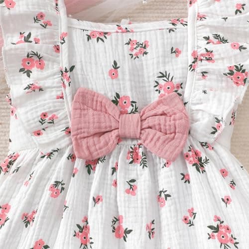 LUJENGEFA Baby Summer Outfits Clothes Casual Cotton Linen Bow Sundress Infant Dresses with Hat for Girls B-Pink 18-24 months — view 2
