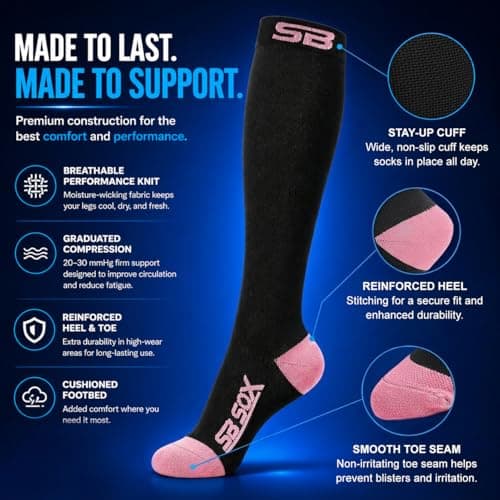 SB SOX Compression Socks for Men & Women (20-30mmHg) – Best Compression Socks for Flying, Medical, Sports, Wide Calf Fit, and Daily Wear, Two Stripes (Black/Pink), Small — view 5