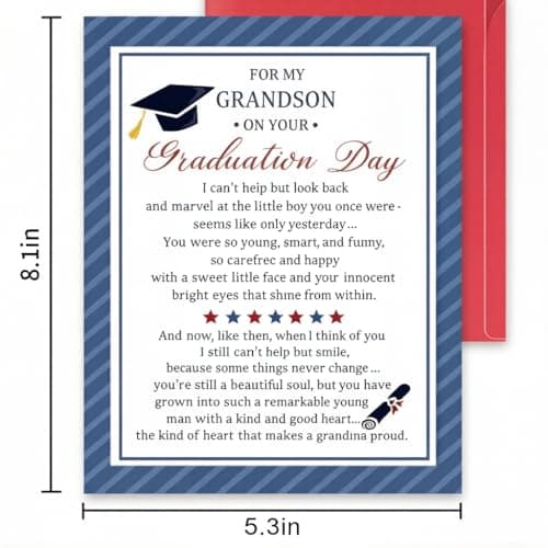 Graduation Card for Grandson from Grandma with Poem – Heartfelt Congratulations Card for Grandson, High School or College Graduate Gift – Includes Envelope