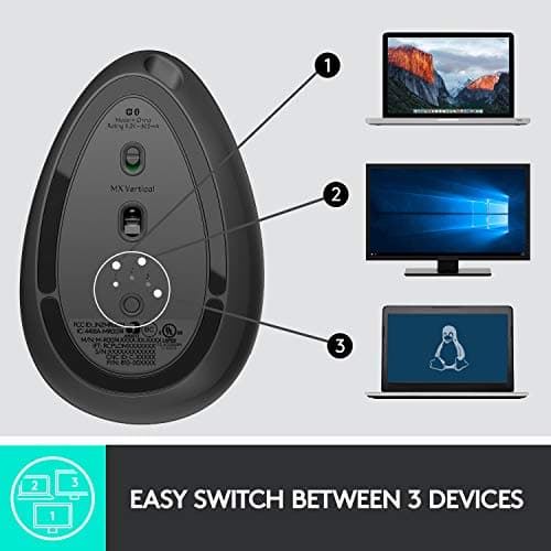 Logitech MX Vertical Wireless Mouse – Ergonomic Design Reduces Muscle Strain, Move Content Between 3 Windows and Apple Computers, Rechargeable, Graphite — view 7