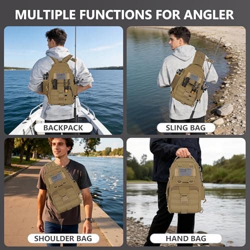 Fishing Tackle Bag, Tactical Fishing Tackle Backpack with Rod & Gear Holder, Lightweight Outdoor Water-Resistant Fish Tackle Gear Shoulder Bags for Men Women, Khaki — view 4