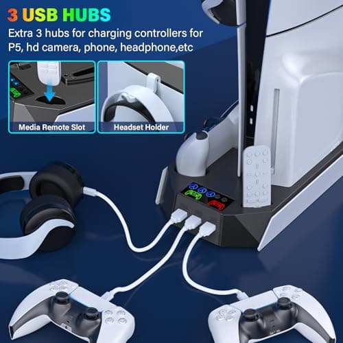 NiGamKo PS5/Slim/Pro Cooling Station with Controller Charging Station for PlayStation 5/Slim/Pro Console, PS5 Stand with Cooling Fan - Accessories Incl Headset Holder, 3 USB Hub,White & Black — view 3