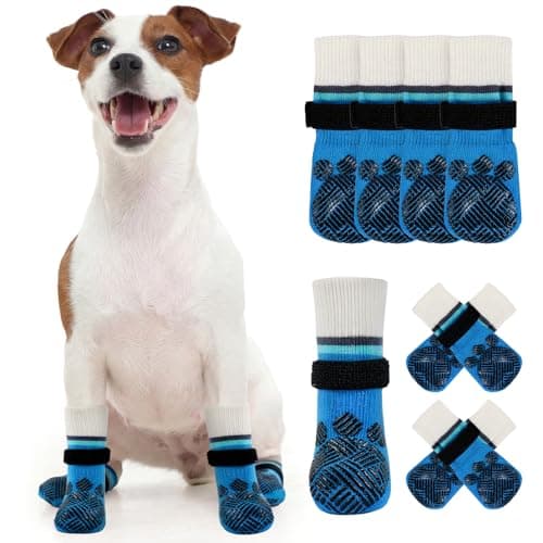 Kuoser Anti Slip Dog Socks to Prevent Licking Paws, Dog Grippy Socks for Hardwood Floors Hot Pavement, 4Pack Traction Control Booties Paw Protectors for Small Medium Large Senior Dogs, Blue S