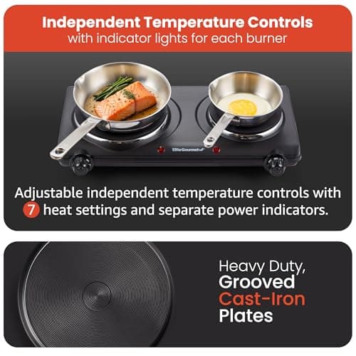 Elite Gourmet EDB-302BF# Countertop Double Cast Iron Burner, 1500 Watts Electric Hot Plate, Temperature Controls, Power Indicator Lights, Easy to Clean, Black — view 3