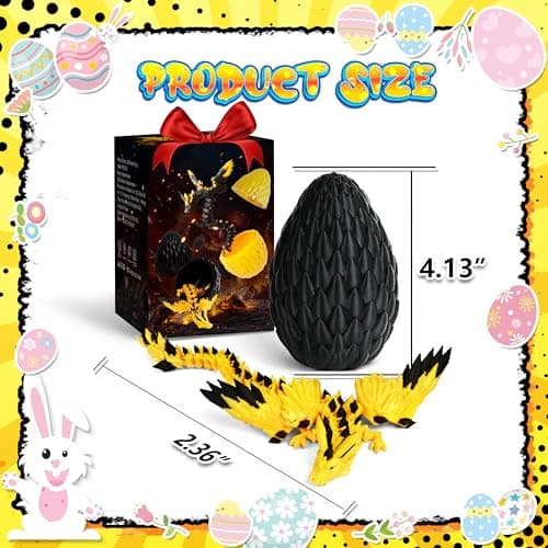 Impossmaker 3D Printed Fly Dragon Egg, Prefilled Easter Eggs Basket Stuffers, Cool Articulated Easter Dragon Gifts Toys, 3D Printer Animals Fidget Dinosaur Toys for Boys Kids Teen (Gold-in-Black)