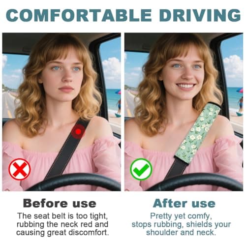 CRAFTYMELODY 2Pcs Seat Belt Cover Pad 11 Inch Long Seat Belt Cushion Soft Comfort Strap Pad Auto Accessory Decoration for Car Truck SUV Bag Backpack Green White Floral