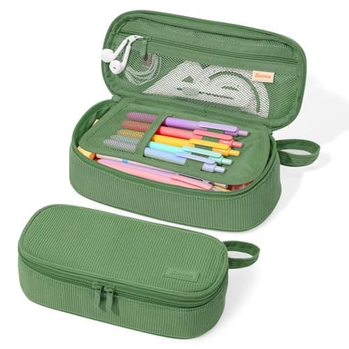 SUNEE Cute Pencil Case, Large Capacity Pencil Pouch, Soft Corduroy Pencil Bag, Big Storage Pen Organizer for Stationery, Aesthetic Zipper Pencil Box, Back to School Supplies for Teen Girls Boys, Green