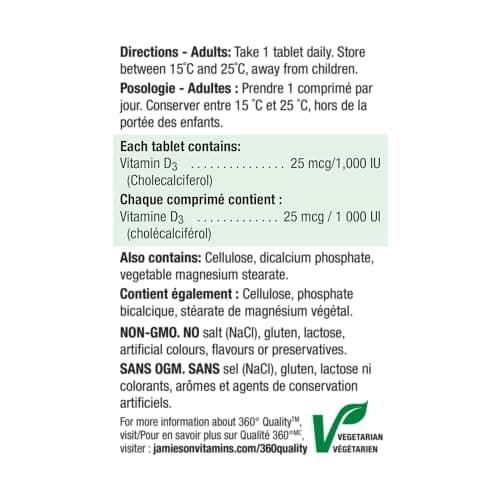 Jamieson Vitamin D3 1,000 IU Tablets, Supports Immune Health, Strong Bones, and Teeth, Enhances Calcium and Phosphorus Absorption. Vegetarian, Non-GMO, Gluten-Free, One Per Day, 500 Count, Proudly Canadian — view 4