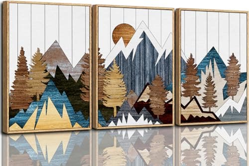 CHDITB Mountain Wall Art Set, Country Woodcut Wall Decor, Rustic Geometric Forest Pictures Artwork, Nature Landscape Wall Decor, National Park Framed Canvas Paintings For Living Room Bedroom 16"x24"X3