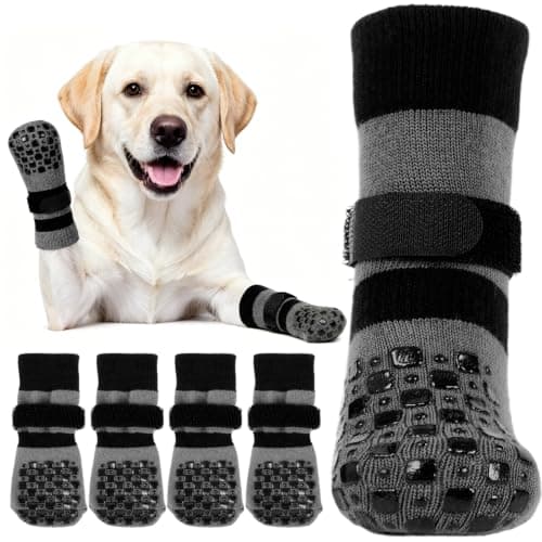 Kuoser Dog Socks with Grippers to Prevent Licking Paws, 4 Pcs Non Slip Dog Booties Paw Protector for Hardwood Floors, Double Sides Dogs Grippy Socks for Small Medium Large Senior Dogs