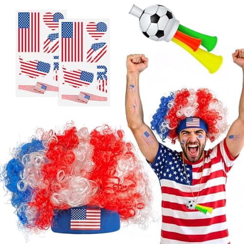 HWQVA 2026 Soccer Fan Gear Set – USA Flag Temporary Tattoos, Fun Wigs, and Loud Horns – Fan Gear for Soccer Matches, Sports Events, and Team Celebrations