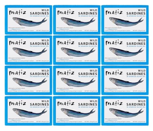 Matiz Sardines in Olive Oil, 4.2 Ounce Can (Pack of 12) Spanish Gourmet Wild Caught Natural Fish for Tapas, Snacks, or Meals, Protein Rich, Sealed Freshness