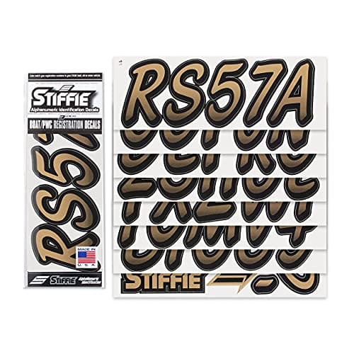 STIFFIE Whipline Metallic Gold/Black 3" Alpha-Numeric Registration Identification Numbers Stickers Decals for Boats & Personal Watercraft