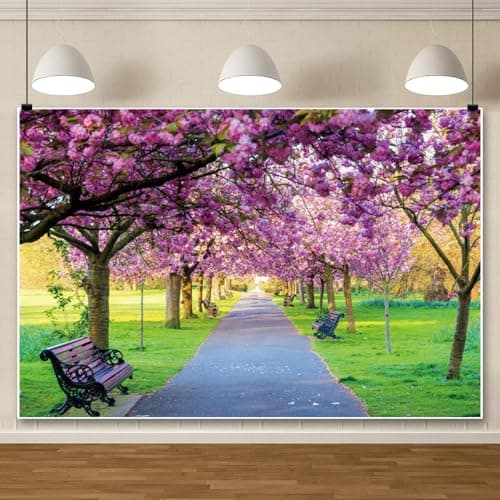 Leowefowa Spring Garden Backdrops for Photography Vinyl 10x8ft Pink Cherry Blossom Flower Background Jungle Forest Trees Plants Green Grassland for Wedding Ceremony Party Decor Banner Photo Props — view 3