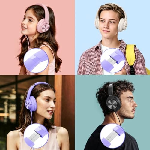 KVIDIO Wired Headphones with Mic, Volume & Playback Control, Over-Ear Foldable Headphones, 3.5mm Plug, 90° Swivel Ear Cups, 4.9ft Tangle-Free Cord for Tablet, Laptop, PC, School, Travel (Purple) — view 3