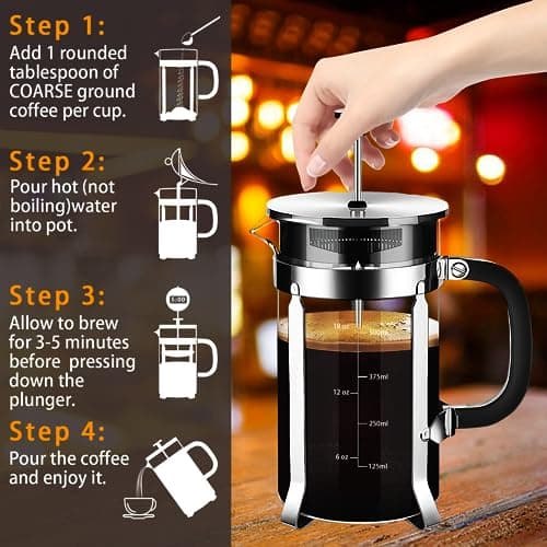 YMMIND French Press Coffee Maker 304 Stainless Steel Coffee Press,with 4 Filters System, Heat Resistant Thickness Borosilicate French Press Glass, BPA-Free Brewed Tea Pot Coffee Plunger(Copper 12oz) — view 4