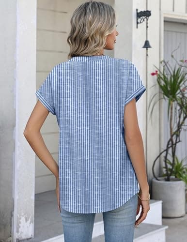 Zeagoo Striped Button Down Shirts for Women Business Casual Dressy Tops Short Sleeve Work Blouses Spring Outfit — view 4