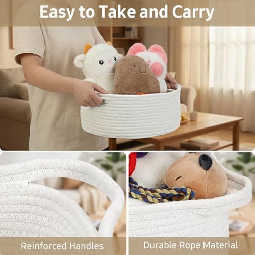Optish Woven Basket, Gift Empty Basket with Bags and Ribbons, 13.5"x11"x5" Burr Rope Basket for Baby Shower, Durable Storage Basket with Handles for Nursery, Shelves, Toys, White — view 3