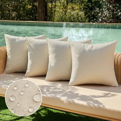 MIULEE Pack of 4 Decorative Outdoor Throw Pillow Covers Linen Waterproof Pillow Covers Farmhouse Cushion Cases for Patio Garden Tent Balcony Couch Sofa 18x18 inch Beige