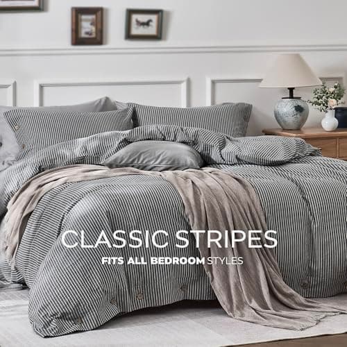 JELLYMONI Cotton Duvet Cover Queen Size - Black Vertical Pinstriped Comforter Cover with Button 100% Washed Cotton 3PCS Breathable Soft Solid Bedding Set Duvet Cover 90×90in & 2 Pillowcases — view 6