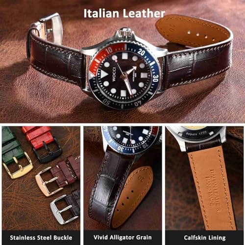 WOCCI 18mm Watch Band, Italian Leather, Embossed Alligator Grain, Gold Buckle (Dark Brown) — view 2
