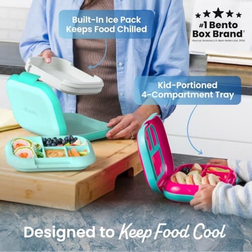 Bentgo Chill Kids Leakproof Lunch Box - 4-Compartment Bento Box with Built-In Ice Pack, 3.3 Cup Capacity, BPA-Free, Microwave & Dishwasher Safe Tray, Ages 3–7 (Aqua)